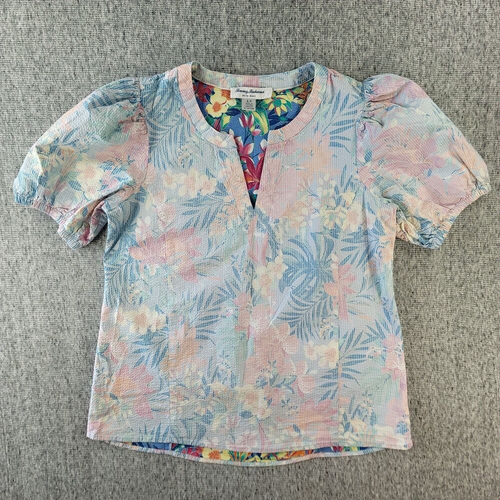 Tommy Bahama Nova Wave Seersucker Blouse Womens S Small Floral Puff Sleeve Top